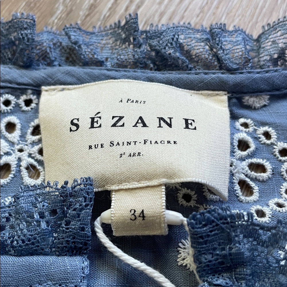Sezane Nele embroidered vintage ruffle blue cropped shirt. NWT!! - Picture 2 of 16